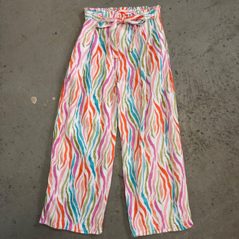APNY Womens Small 100% Linen Wide Leg Zebra Stripe Paperbag Waist Pants Multi